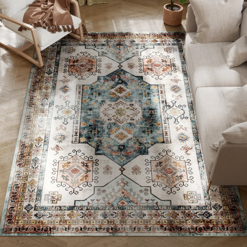 HOMCOM Vintage Teppich Rutschfest und Waschbar Kurzflor für Wohnzimmer und Schlafzimmer, 230x160 cm, Multicolor