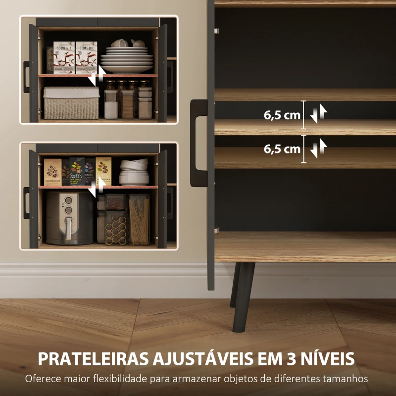 HOMCOM Armário de Cozinha Alto com Luzes LED RGB com 6 Portas 2 Gavetas Bancada 100x40x176 cm Preto e Madeira