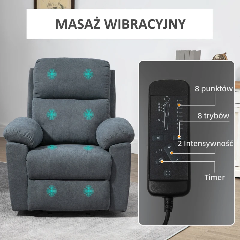 HOMCOM Fotel masujący z funkcją podnoszenia, Fotel z funkcją podnoszenia, 8 silników wibracyjnych, z pilotem, szary