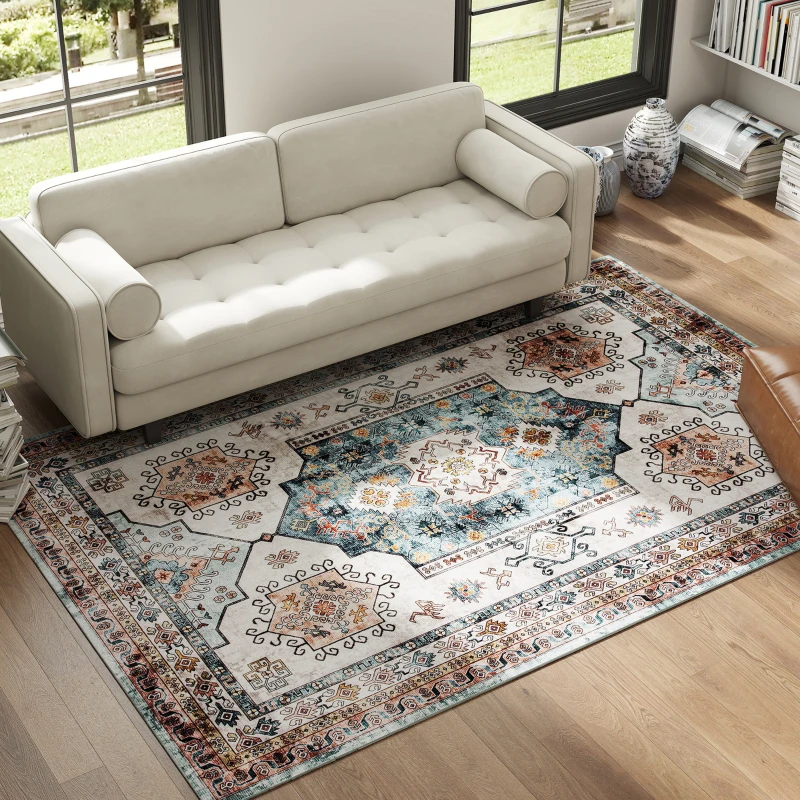 HOMCOM Vintage Teppich Rutschfest und Waschbar Kurzflor für Wohnzimmer und Schlafzimmer, 230x160 cm, Multicolor