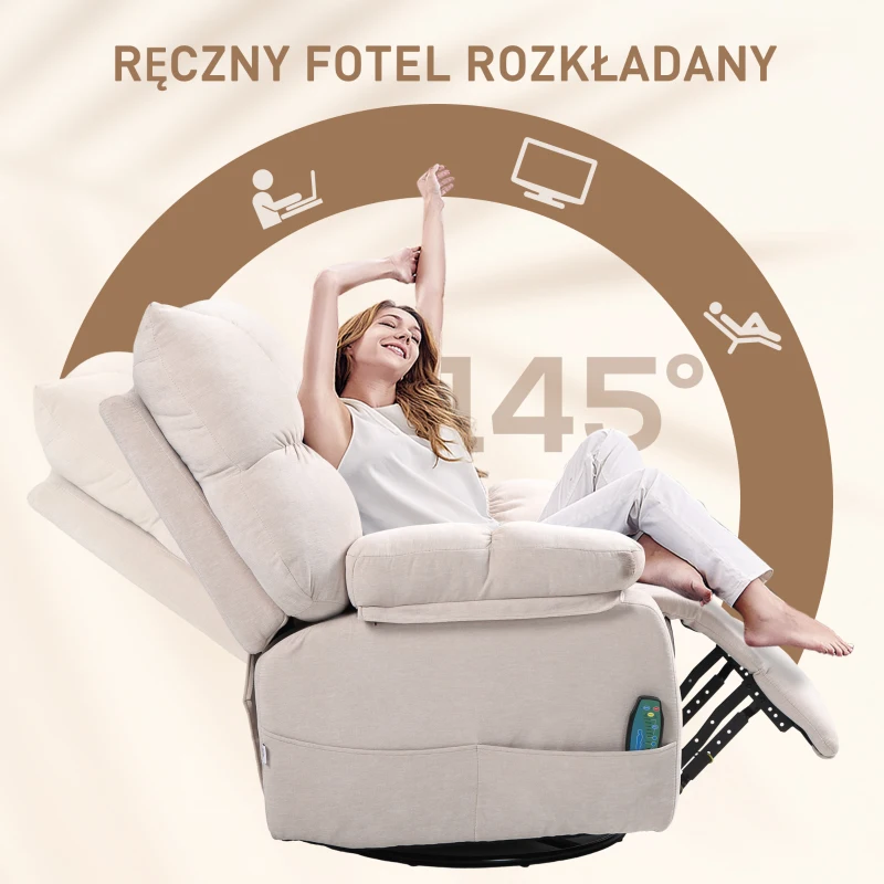 HOMCOM Fotel Masażowy z Funkcją Ogrzewania i Leżenia, Obrotowy, Do 150 kg, Konstrukcja Metalowa, 98x90x98cm, Beżowy(m-5)