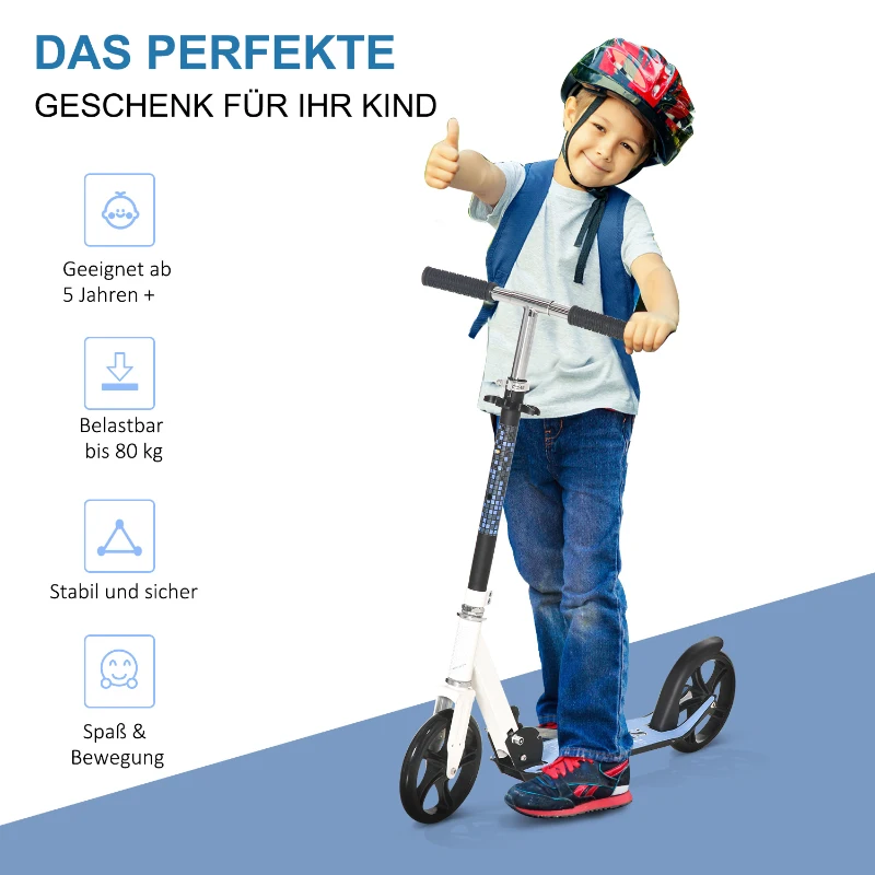HOMCOM Kinderscooter Kinderroller Tretroller Cityroller Kinder Roller Kickboard für 6+ Kinder höhenverstellbar faltbar Weiß 84 x 34 x 86-96 cm
