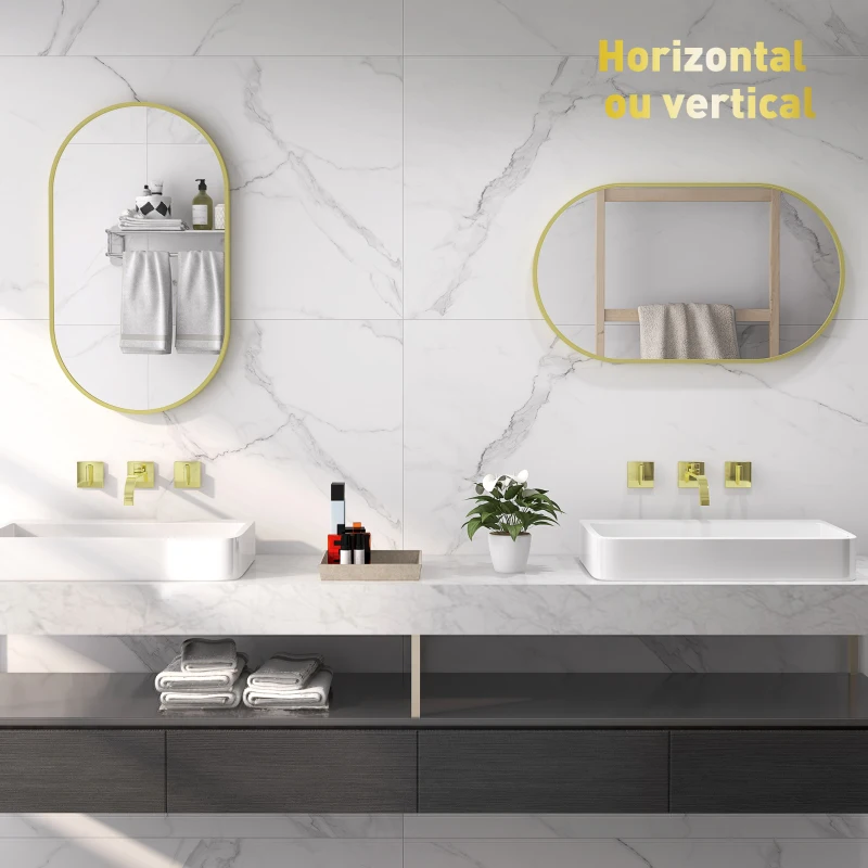 HOMCOM Espelho Casa de Banho Oval 40x3x70 cm Espelho Decorativo de Parede com Estrutura de Liga de Alumínio Horizontal ou Vertical Dourado