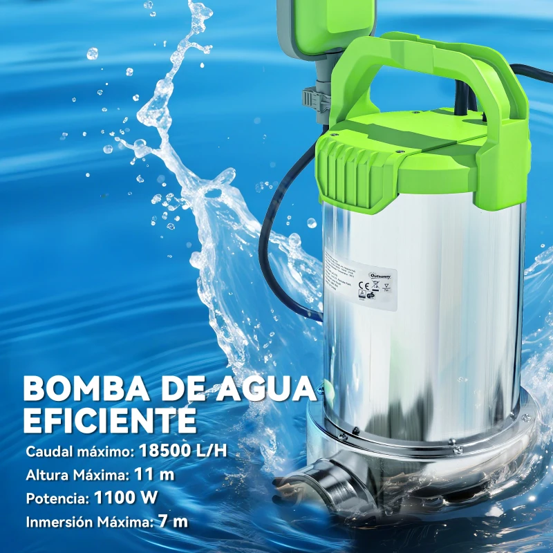 Outsunny Bomba Sumergible de 1100 W para Aguas Sucias con Caudal de 18.000 l/h y Control Automático Mediante Flotador