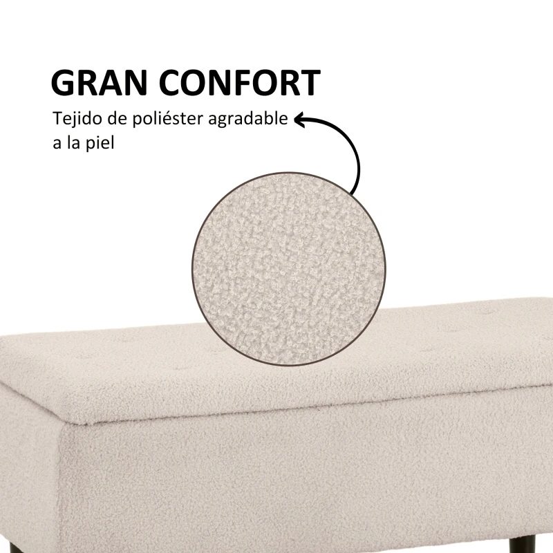 HOMCOM Banco de Pie de Cama Baúl de Almacenaje para Dormitorio con Tapa Abatible y Patas de Madera 95x38x45 cm Crema