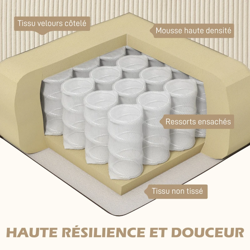 HOMCOM Canapé d'angle en velours côtelé 3 places avec méridienne et coussin à ressorts épais, largeur 214 cm, beige