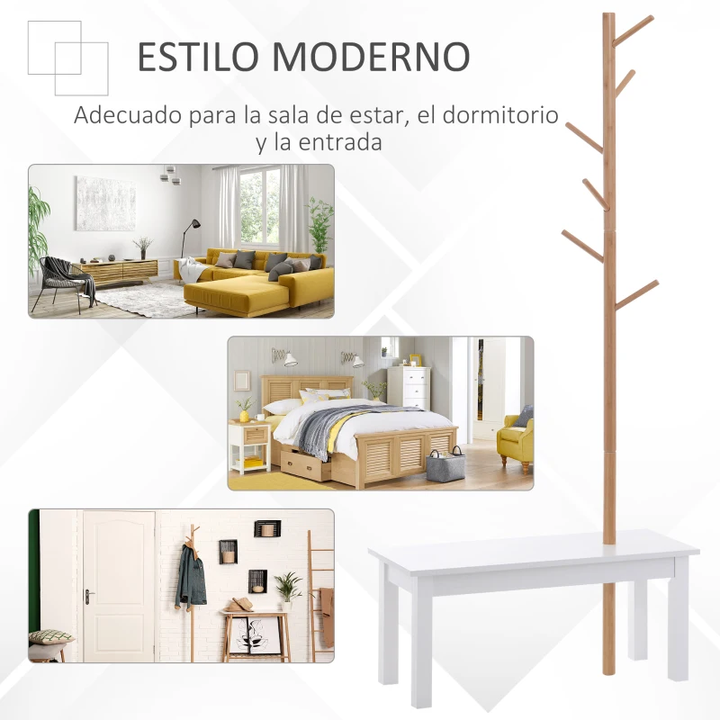 HOMCOM Perchero de Pie con Banco Colgador Tipo Árbol Moderno 6 Ganchos para Colgar Ropa Bolsa Pasillo Entrada Bambú y MDF 80x30x180cm