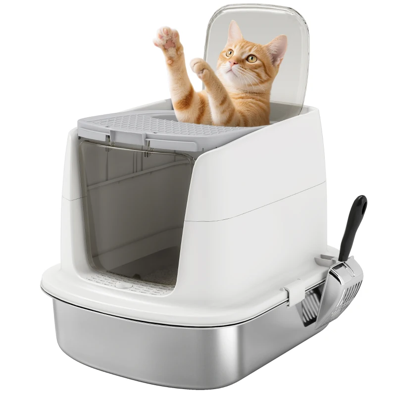PawHut Roestvrijstalen kattenbak, gesloten kattenbak met schep, geurzak, ingang en uitgang(m-10)