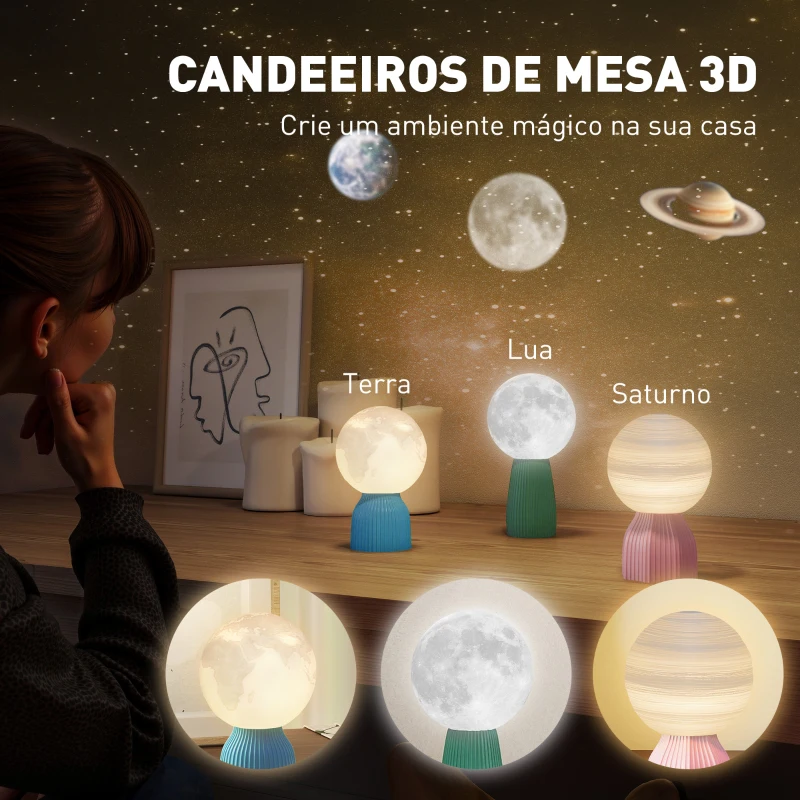 HOMCOM Conjunto de 3 Candeeiros de Mesa de Cabeceira 3D Candeeiros de Mesa com 3 Cores Brilho Ajustável em 10 Níveis Conexão USB Branco