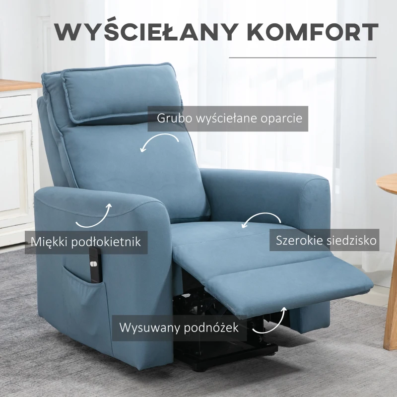 HOMCOM Fotel relaksacyjny z funkcją podnoszenia fotel telewizyjny, zintegrowany podnóżek, kieszeń boczna, pilot, 84 x 89,5 x 105 cm, Niebieski