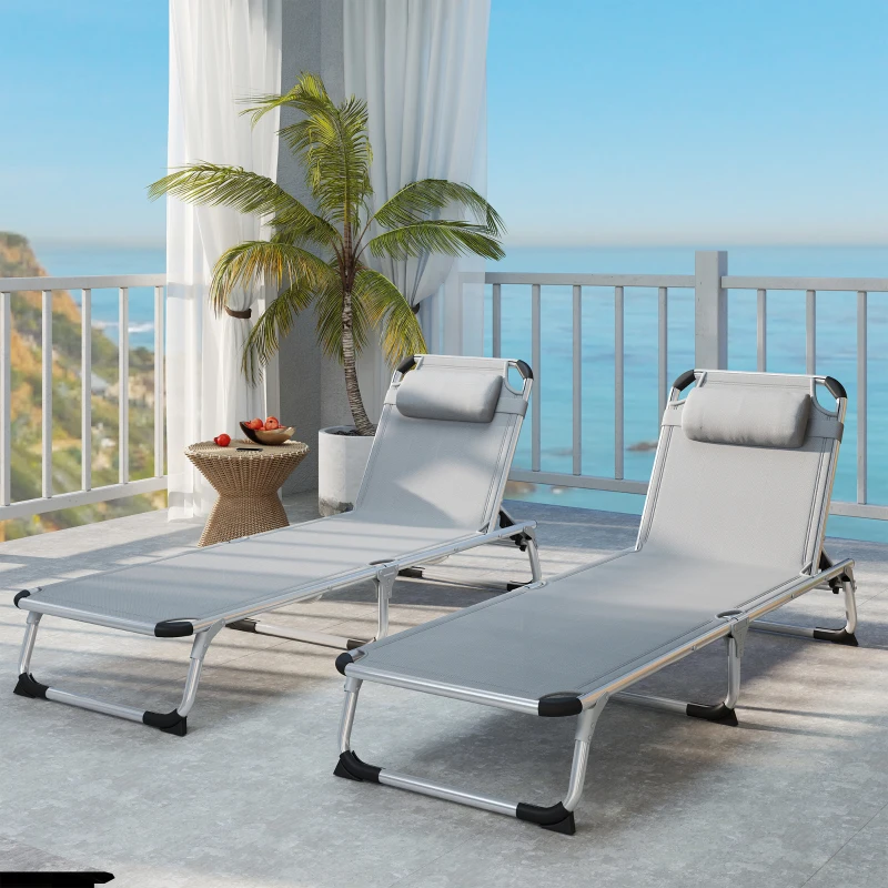 Outsunny Foldable Outdoor Sun Lounger Set of 2, Reclining Lounge Chair Camping Bed Cot with Pillow 4-Level Adjustable Back Aluminium Frame, Light Grey