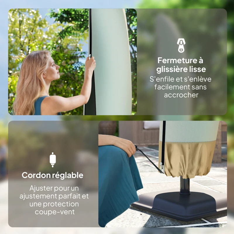 Outsunny Housse de protection imperméable pour parasol déporté avec fermeture éclair et cordon de serrage tissu Oxford avec revêtement PVC étanche Ø 56 x 220 cm beige et café