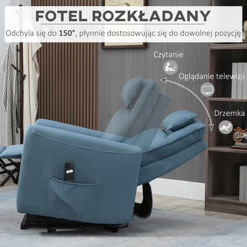 HOMCOM Fotel relaksacyjny z funkcją podnoszenia fotel telewizyjny, zintegrowany podnóżek, kieszeń boczna, pilot, 84 x 89,5 x 105 cm, Niebieski