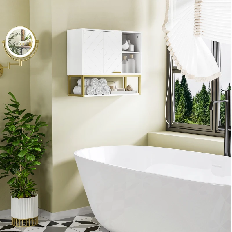 kleankin Armario de Pared para Baño con Puerta Estante Ajustable y Almacenamiento Inferior 60x20x51 cm Blanco