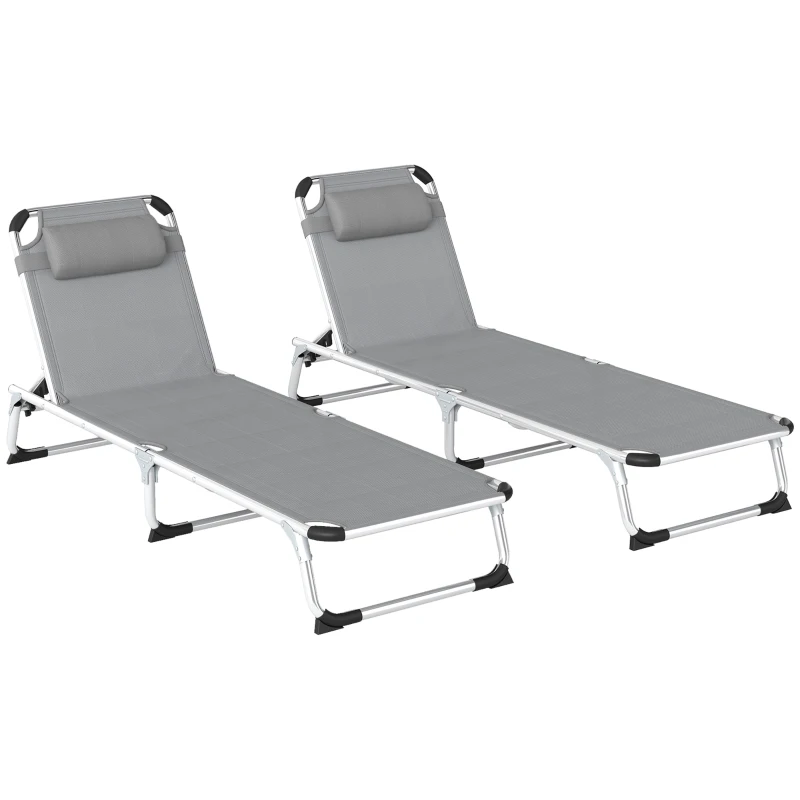 Outsunny Foldable Outdoor Sun Lounger Set of 2, Reclining Lounge Chair Camping Bed Cot with Pillow 4-Level Adjustable Back Aluminium Frame, Light Grey
