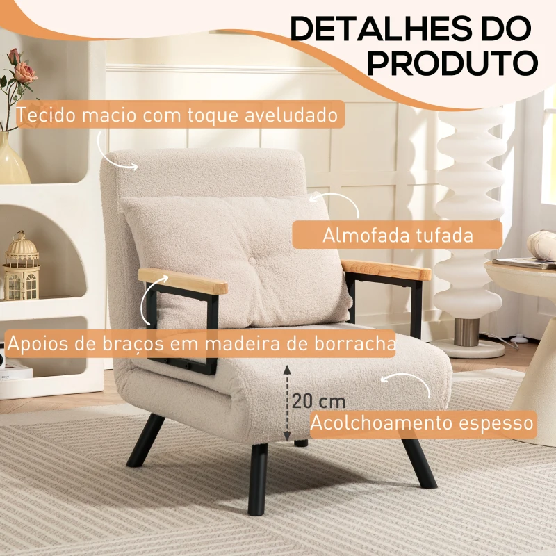 HOMCOM Poltrona Convertível em Cama Poltrona 3 em 1 Convertível em Cama com Encosto Ajustável em 5 Níveis 63x73x81 cm Bege
