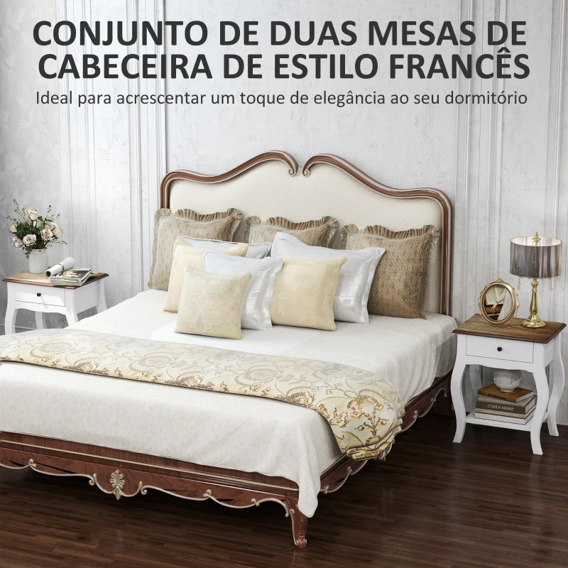 HOMCOM Conjunto de 2 Mesas de Cabeceira com Gaveta Estante Aberto e Bancada Efeito Carvalho Estilo Francês 45x35x55 cm Branco e Carvalho