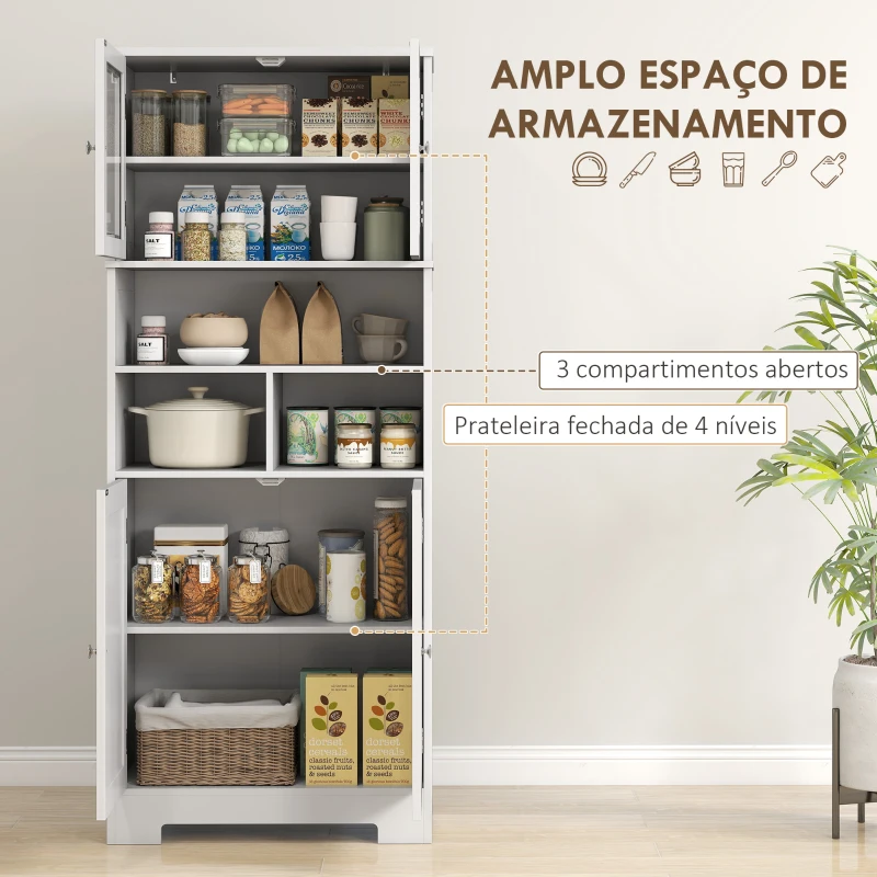 HOMCOM Armário de Cozinha Armário Alto de Cozinha com 2 Portas de Vidro Prateleiras Ajustáveis 60x30x145,5 cm Branco
