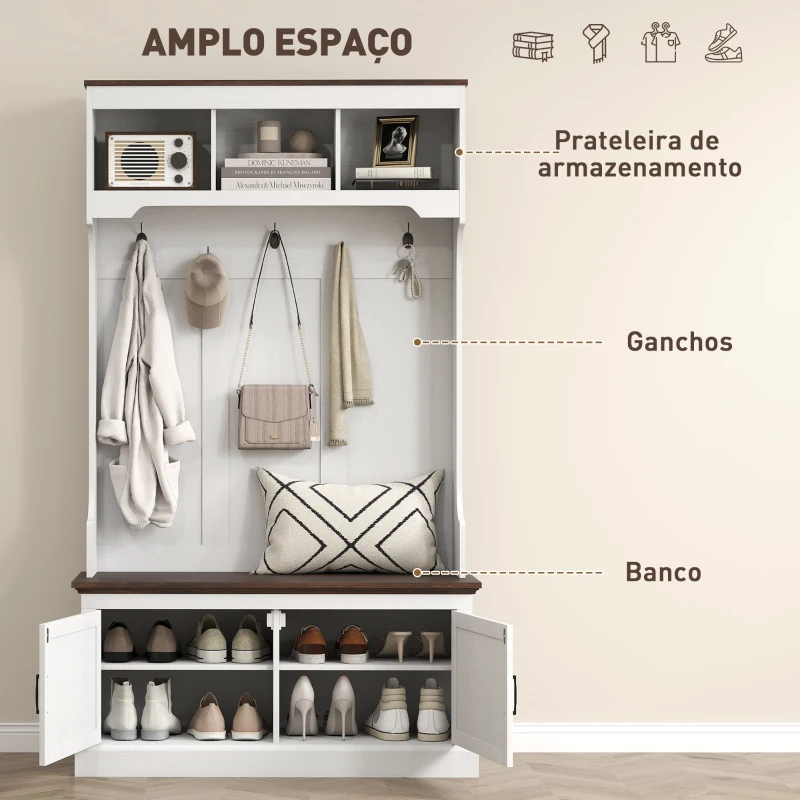 HOMCOM Móvel Cabide de Entrada com Banco Sapateira 5 Ganchos 3 Prateleiras Armário e Compartimentos Estilo Rústico 105x40x180 cm Branco