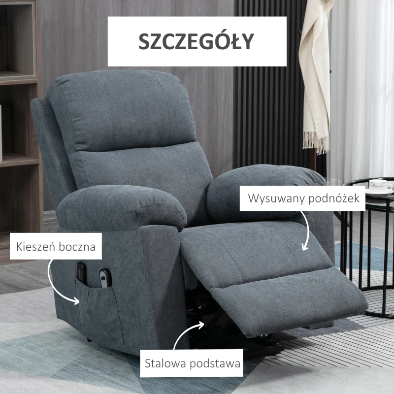 HOMCOM Fotel masujący z funkcją podnoszenia, Fotel z funkcją podnoszenia, 8 silników wibracyjnych, z pilotem, szary