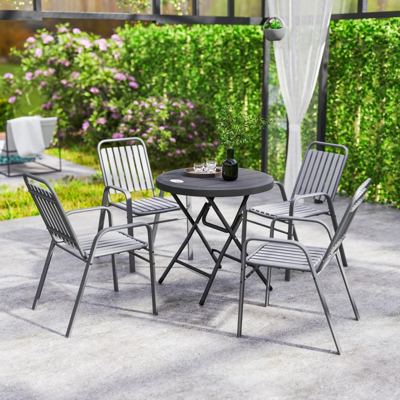 Outsunny Gartentisch, rund, klappbar, für 4 Personen, Holzoptik, Stahl+Kunststoff, dunkelgrau, 80 x 80 x 73 cm