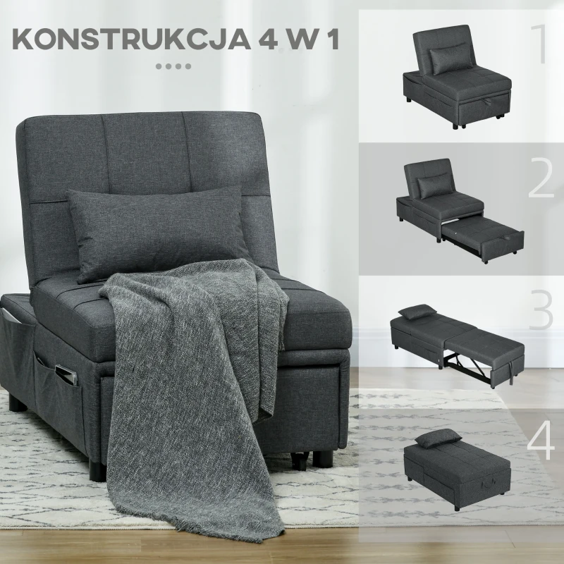 HOMCOM Fotel do spania 3w1, Fotel, lniana tkanina, łącznie z poduszką, 65,5 cm x 104 cm x 81 cm, Ciemnoszary(m-6)