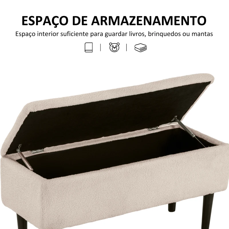 HOMCOM Banco de Armazenamento em Borrego Capacidade 47L Tampa Abatível e Pés de Madeira de Borracha Carga 120 kg 95x38x45 cm Bege