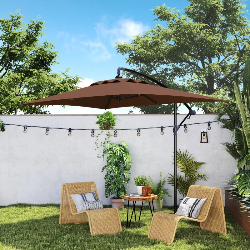Outsunny Ombrellone da Giardino Decentrato con Base a Croce e Apertura a Manovella, 294x193cm, Marrone