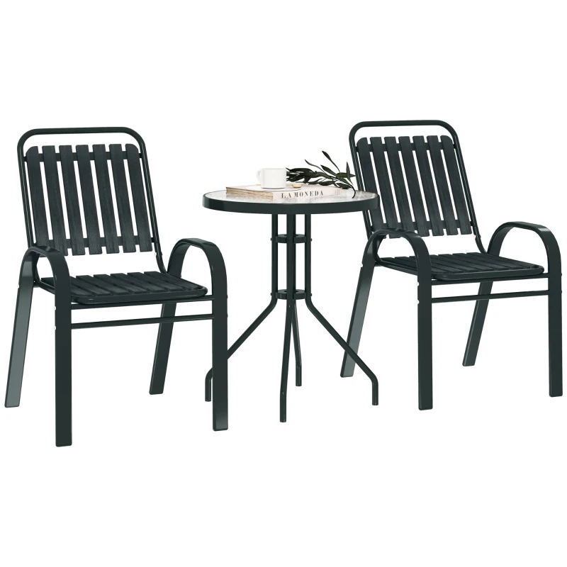 Outsunny 3 Pieces Patio Bistro Set with Stackable Chairs, Tempered Glass Table, for Outdoor, Balcony, Patio, Garden Charcoal Grey