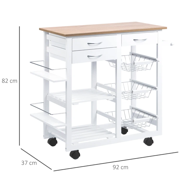 HOMCOM Carrito de Cocina Carro de Servicio Multifuncional con Cajones Cestas Estantes para Especias Toallero Ruedas 92x37x82 cm Blanco(m-3)