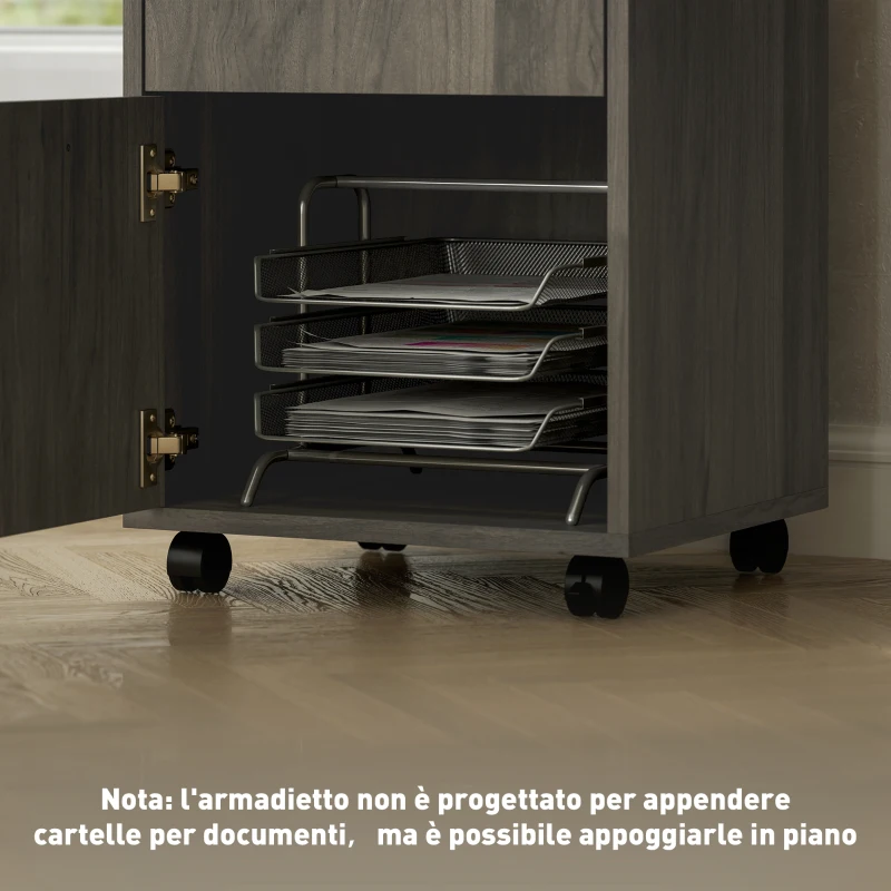 HOMCOM Cassettiera Portadocumenti a 4 Ruote con Ripiano Aperto e Cassetti, in Legno e Metallo, 40x35x60 cm, Grigio