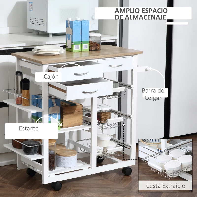 HOMCOM Carrito de Cocina Carro de Servicio Multifuncional con Cajones Cestas Estantes para Especias Toallero Ruedas 92x37x82 cm Blanco(m-4)