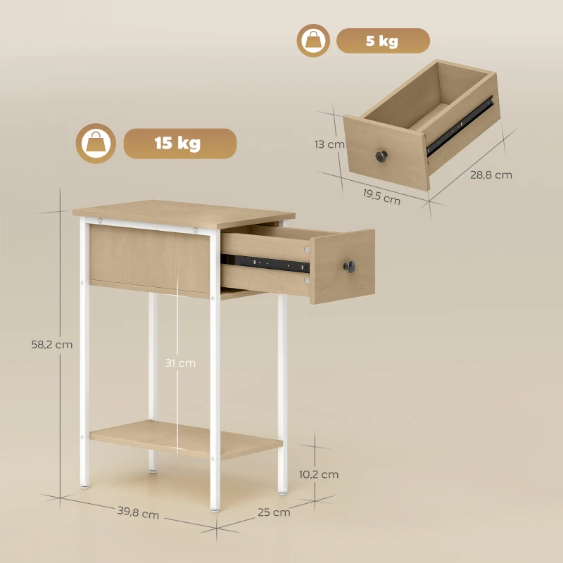 HOMCOM Mesa Auxiliar Estreita Mesa Auxiliar Industrial com Gaveta Prateleira Aberta e Estrutura Metálica 25x39,8x58,2 cm Madeira