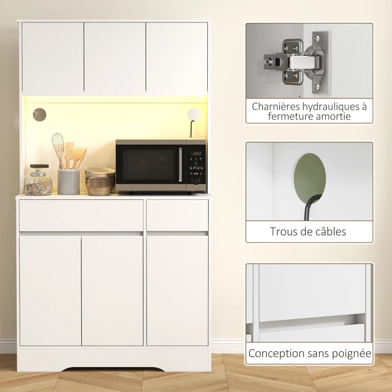 HOMCOM Buffet cuisine meuble cuisine rangement haut avec lumière LED RGB, plan de travail, 6 portes, 2 tiroirs, blanc