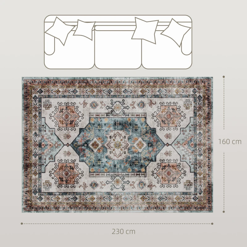 HOMCOM Tappeto Vintage Antiscivolo e Lavabile a Pelo Corto per Soggiorno e Camera, 230x160 cm, Multicolore