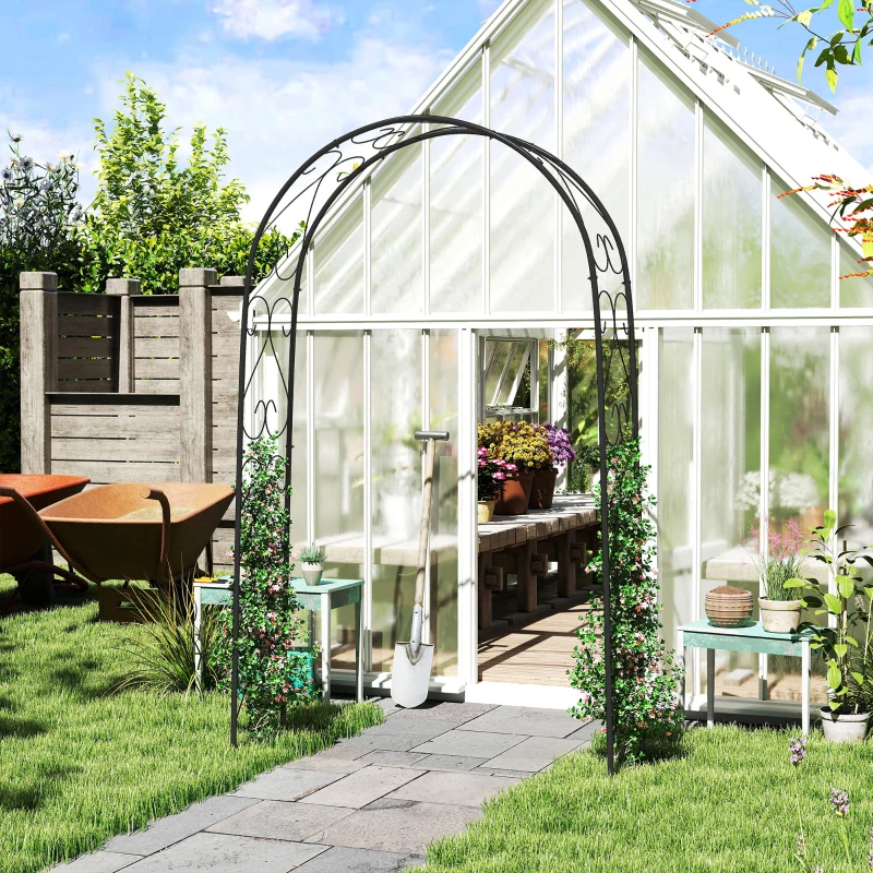 Outsunny Arco de Jardim de Aço para Decoração Arco de Casamento Desenho Espiral de Coração para Plantas Trepadeiras 125x37x230 cm Preto