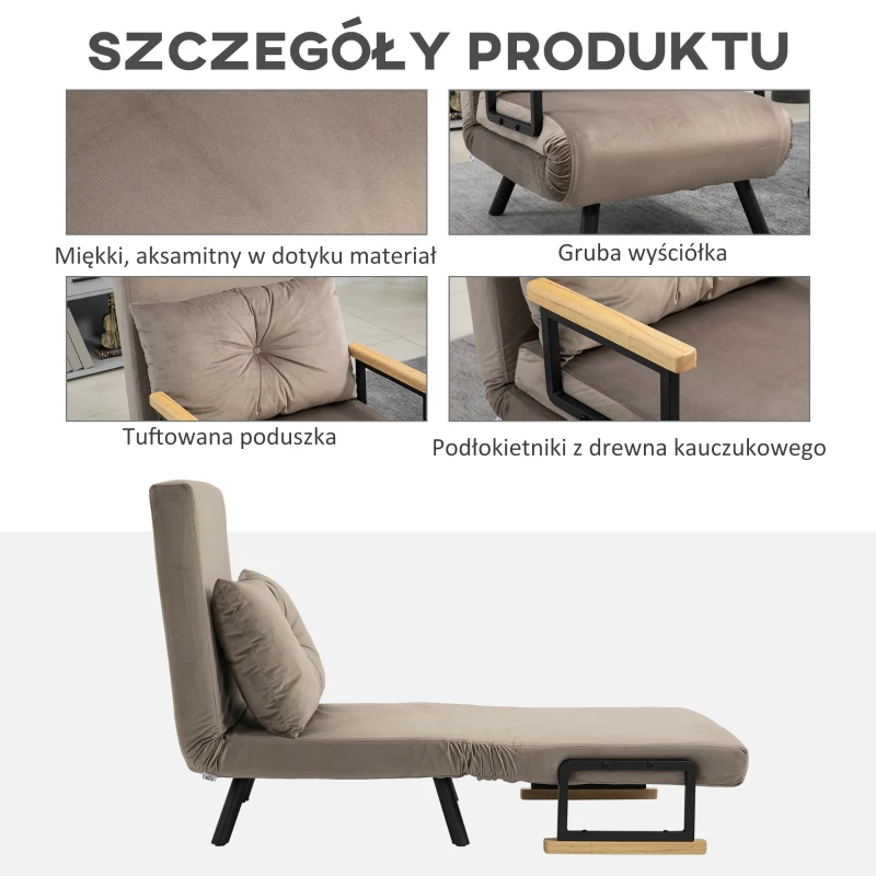 HOMCOM Rozkładany fotel, Łóżko dla gości, Regulowane oparcie, do 120 kg, Metalowa rama, 63x73x81cm, Jasnobrązowy