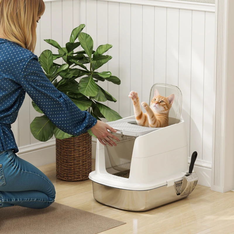 PawHut Litière pour chat en acier inoxydable, litière pour chat fermée avec pelle, sac désodorisant, entrée sortie