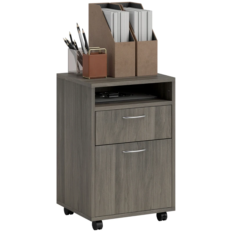 HOMCOM Cassettiera Portadocumenti a 4 Ruote con Ripiano Aperto e Cassetti, in Legno e Metallo, 40x35x60 cm, Grigio