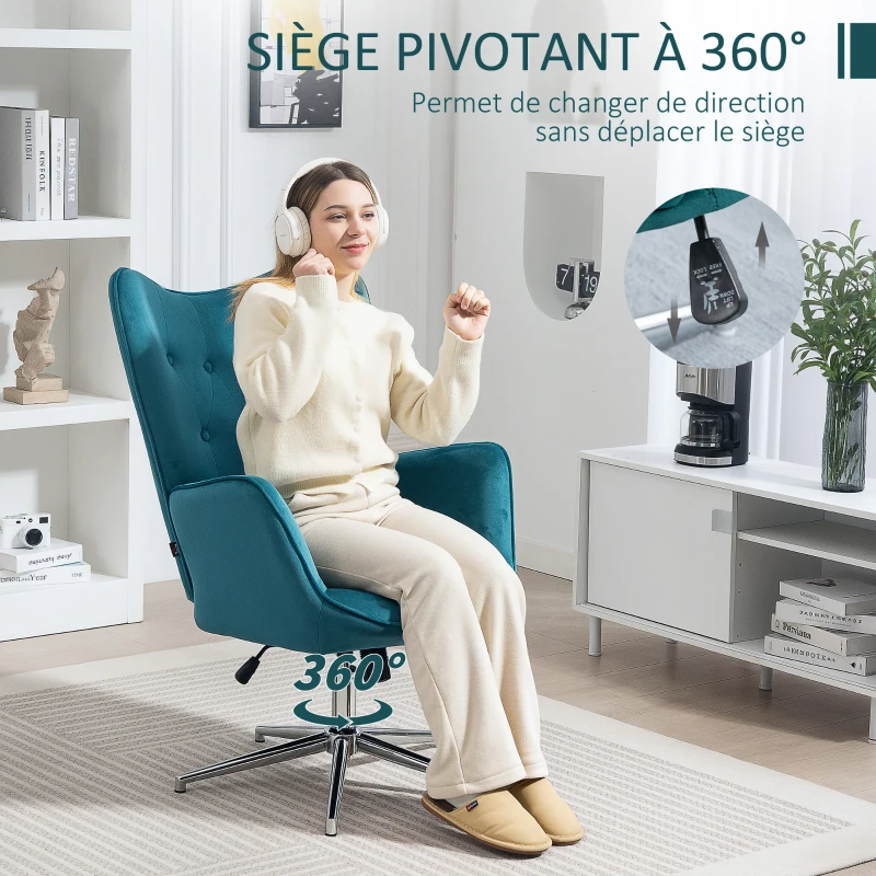 HOMCOM Fauteuil de salon pivotant avec hauteur réglable, dossier capitonné, tissu aspect velours, bleu