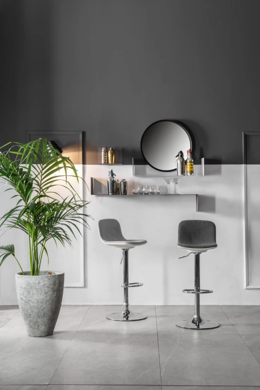 STONES Set 2 scaune de bar din țesătură gri deschis cu bază metalică cromată reglabilă