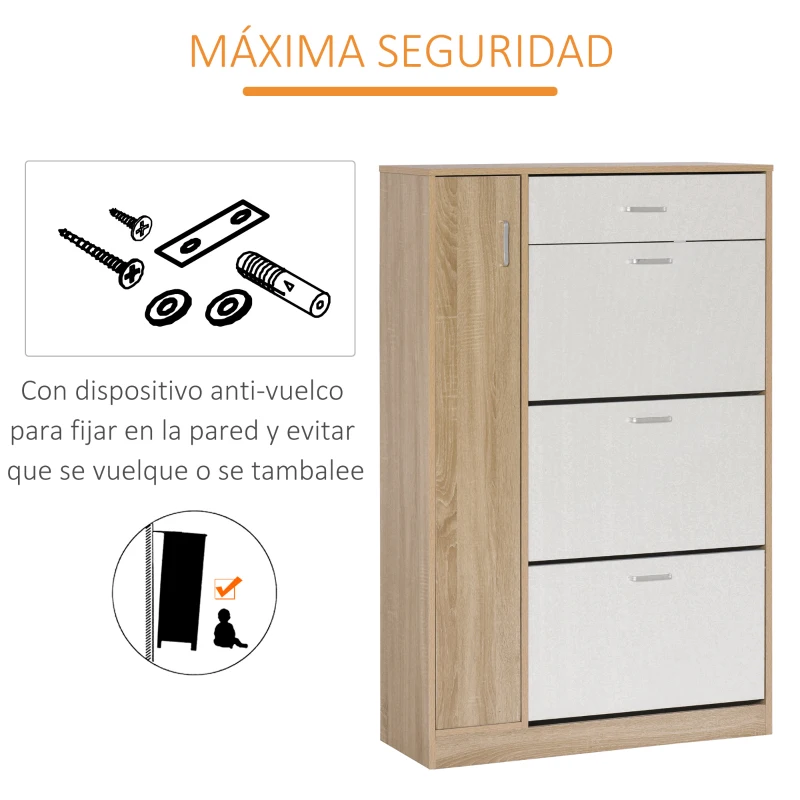 HOMCOM Mueble Zapatero de 3 Puertas para 18-27 Pares de Zapatos Zapatero Moderno con Cajón y Puerta 84x30x132 cm Natural