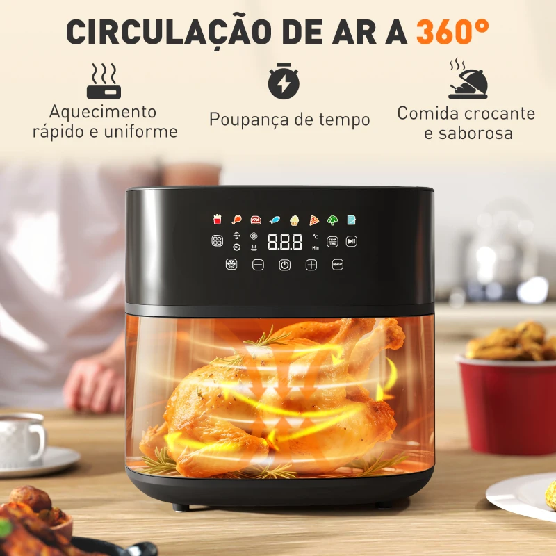 HOMCOM Fritadeira sem Óleo 8 L Air Fryer 1700 W com Temperatura Regulável 80-200°C 8 Programas Painel Tátil Temporizador 32,5x41x32 cm Preto