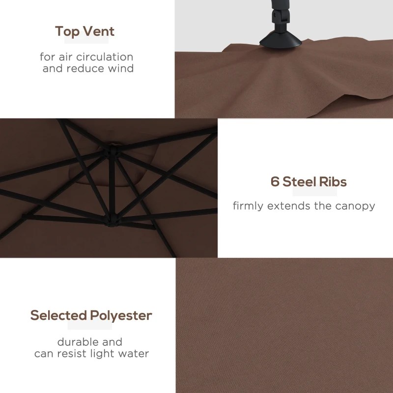 Outsunny 3m Square Canopy Cantilever Parasol, with Cross Base - Brown