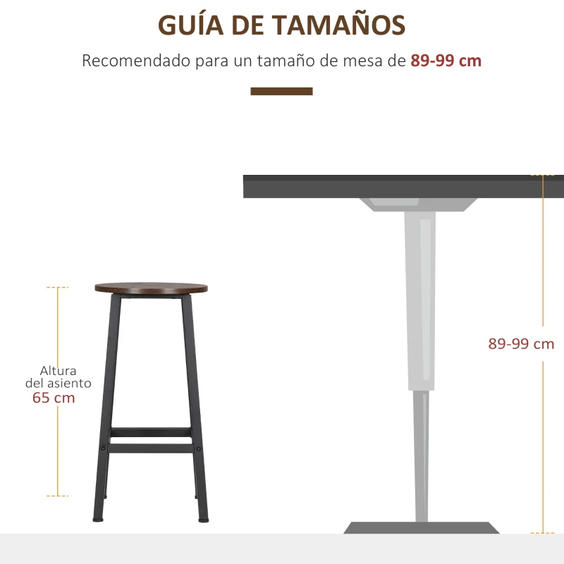HOMCOM Juego de 2 Taburetes Altos de Cocina Altura 65 cm con Asiento de Melamina y Patas de Acero Marrón Rústico