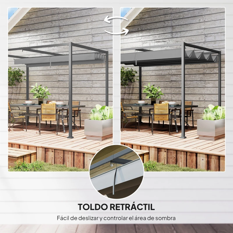 Outsunny Pérgola de Jardín 3x2m Cenador de Techo Retráctil de Poliéster Recubrimiento Resistente para Celebraciones Fiestas Gris