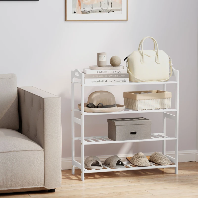HOMCOM Sapateira de 4 Níveis Estante para Sapatos em Bambu para 12 Pares de Sapatos 67,5x24,7x72 cm Branco