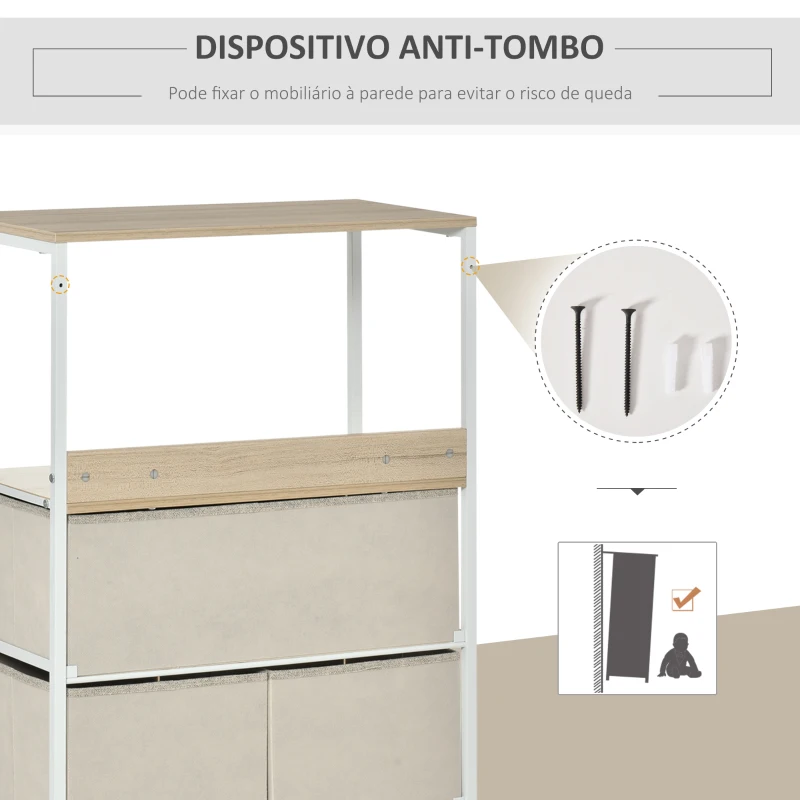 HOMCOM Cómoda com 4 Gavetas Dobráveis e Prateleira Aberta Cómoda com Gavetas de Tecido Anti-Tombo 58x29x103cm Madeira e Cinza Claro