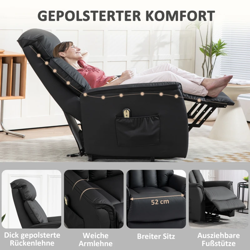HOMCOM Elektrischer Aufstehsessel, Fernsehsessel, Sessel mit Aufstehhilfe, Liegefunktion, Kunstleder, 80 x 94 x 104 cm, Schwarz(m-4)