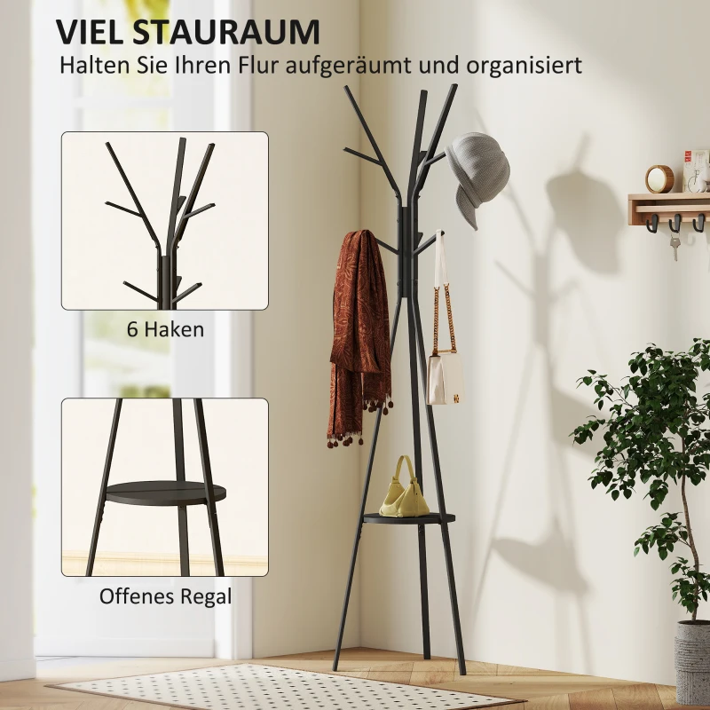 HOMCOM Garderobenständer Kleiderständer mit Ablage und 8 Haken Jackenständer Moderner Garderobe für Kleidung Hut Tasche, Wohnzimmer, Schwarz